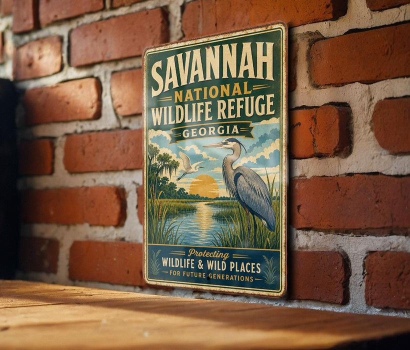A vintage-style metal sign for the Savannah National Wildlife Refuge in Georgia, featuring a seagull and a sunset landscape.