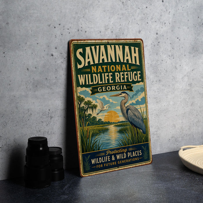 A vintage-style metal sign for the Savannah National Wildlife Refuge in Georgia, featuring an illustration of a bird and a landscape scene.
