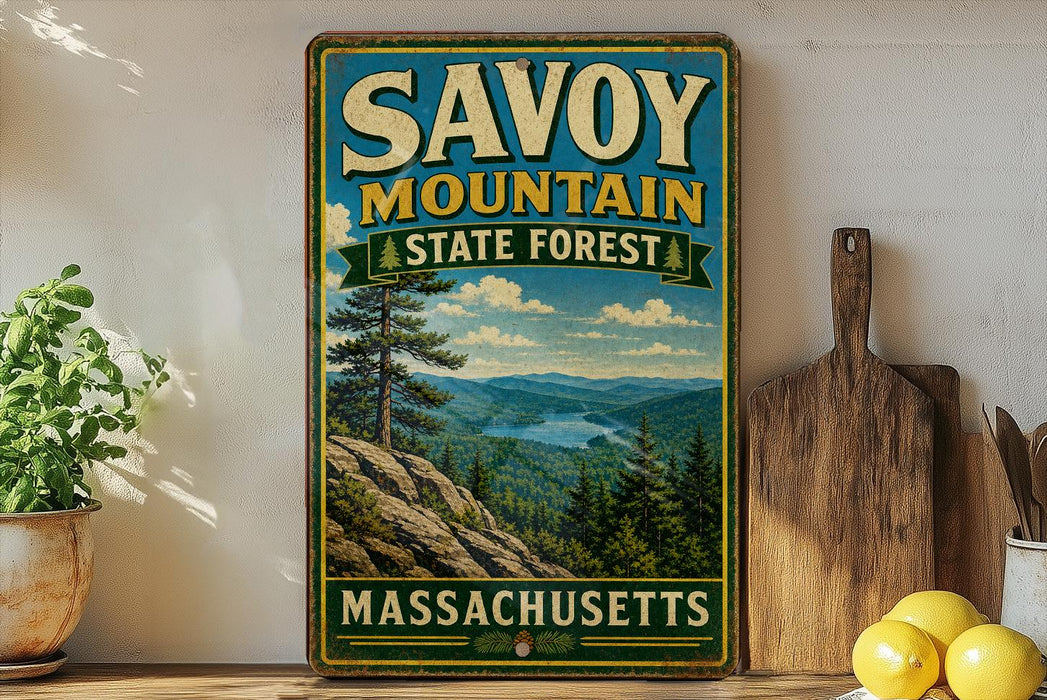 A vintage-style sign for Savoy Mountain State Forest in Massachusetts, featuring a scenic mountain landscape with pine trees and a lake.