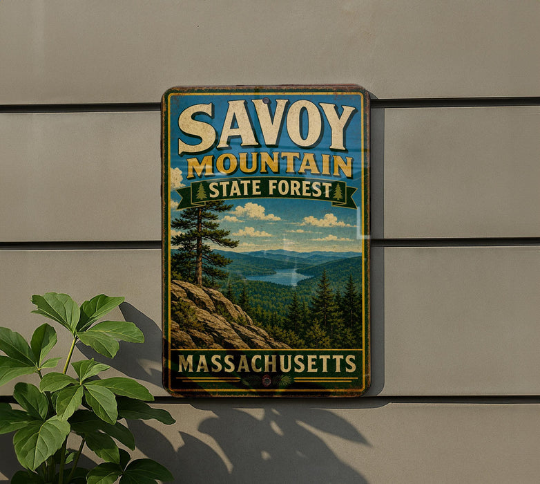 A vintage metal sign for Savoy Mountain State Forest in Massachusetts, featuring a scenic landscape with pine trees and a lake.