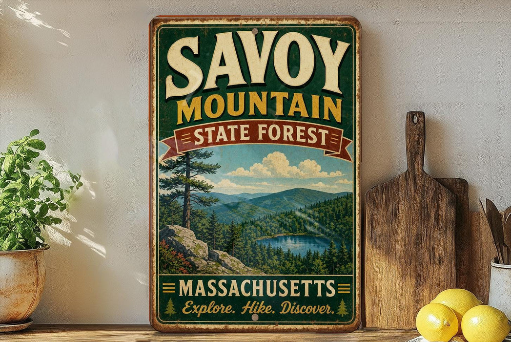 a vintage-style sign for Savoy Mountain State Forest in Massachusetts, with a scenic mountain landscape and a lake in the background.