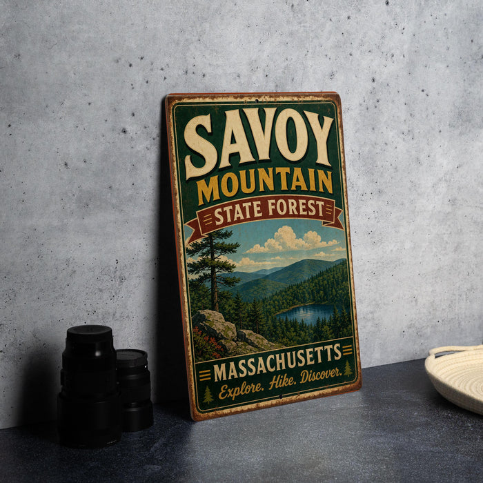 A vintage-style metal sign for Savoy Mountain State Forest in Massachusetts, featuring a scenic landscape with pine trees, a lake, and mountains.