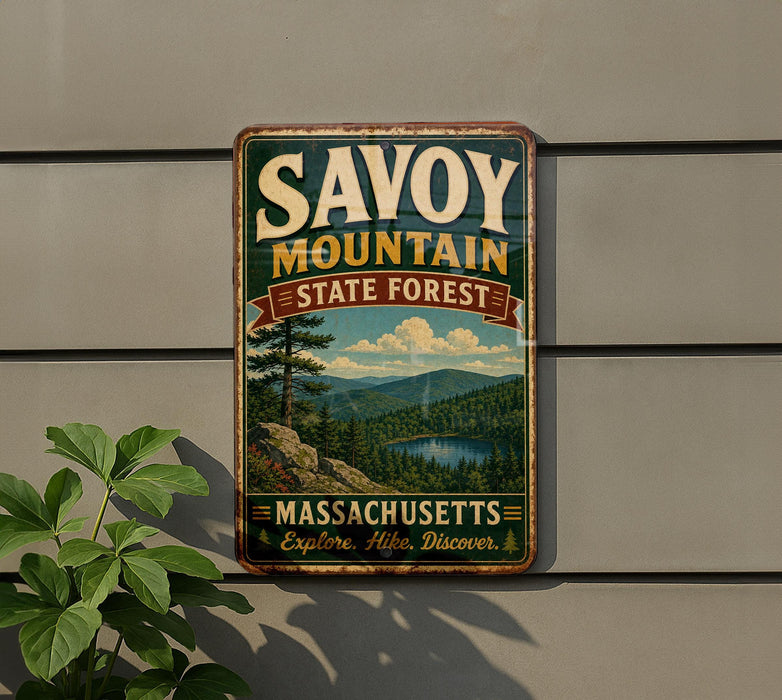 A vintage metal sign for Savoy Mountain State Forest in Massachusetts, featuring a scenic landscape with pine trees, a lake, and mountains.
