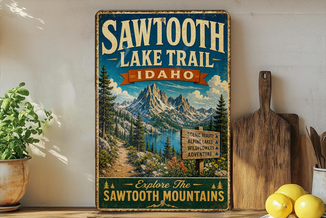A vintage-style metal sign for the Sawtooth Lake Trail in Idaho, featuring a scenic mountain landscape with a trail sign and the text "Explore The Sawtooth Mountains".