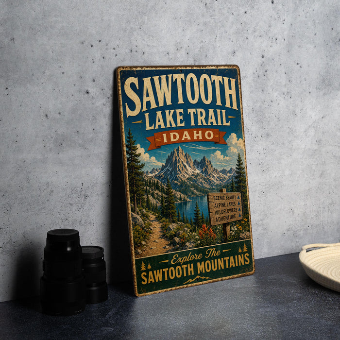 A vintage-style metal sign for the Sawtooth Lake Trail in Idaho, featuring a scenic mountain landscape and inviting visitors to explore the Sawtooth Mountains.