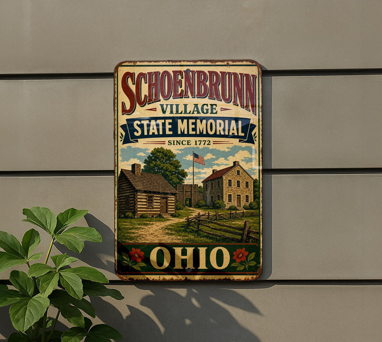 a vintage-style metal sign with a historical village scene, mounted on a wall.