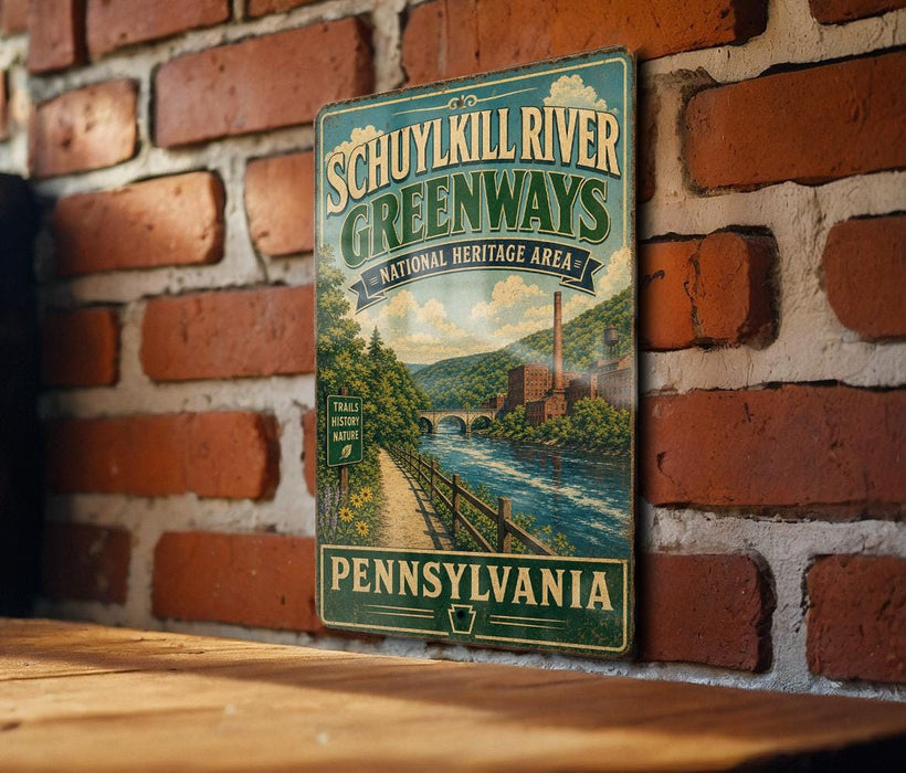 A vintage-style sign for the Schuykill River Greenways National Heritage Area in Pennsylvania, featuring a scenic illustration of a river and lush greenery.