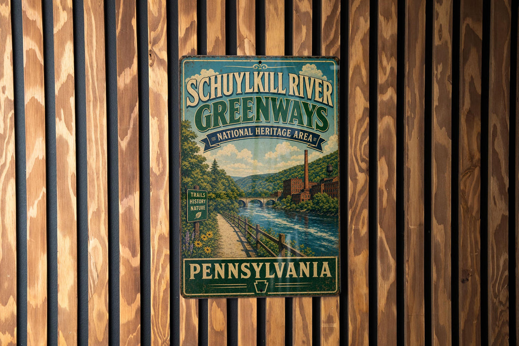 A vintage-style metal sign for Schuykill River Greenways, a National Heritage Area in Pennsylvania, is displayed on a wooden wall.