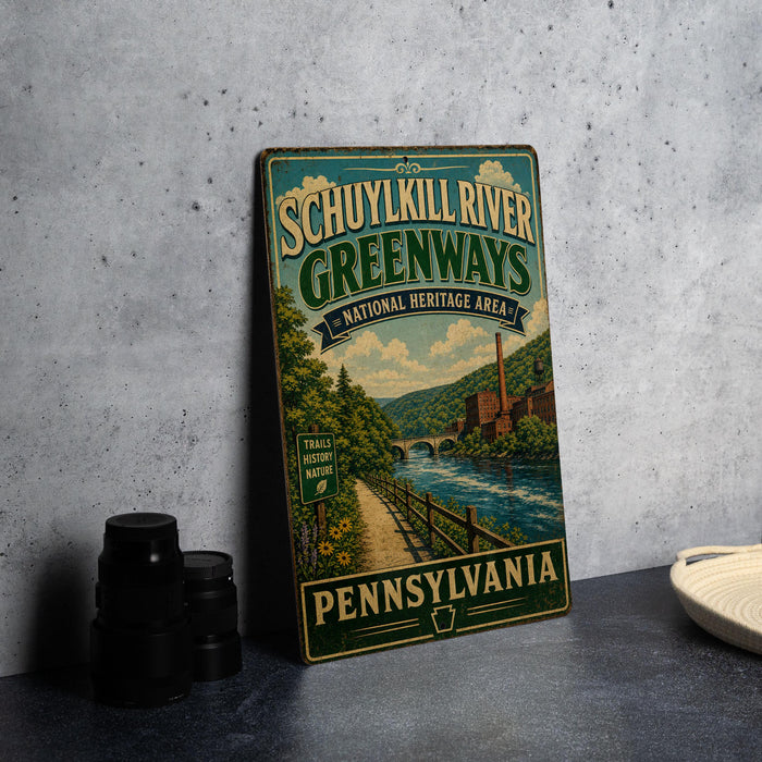 A vintage-style sign for Schuykill River Greenways National Heritage Area in Pennsylvania, featuring a scenic illustration of a river, bridge, and lush greenery.