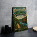 A vintage-style sign for Schuykill River Greenways National Heritage Area in Pennsylvania, featuring a scenic illustration of a river, bridge, and lush greenery.