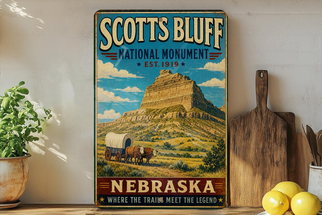 A vintage-style sign for the National Monument in Nebraska, featuring a wagon traveling through the landscape.