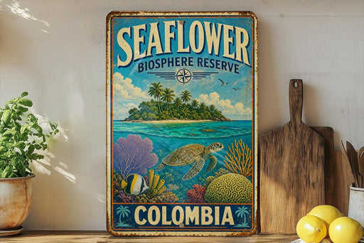 a vintage-style metal sign with a tropical island scene, a sea turtle, and various marine life, including a coral reef and a fish. The sign is displayed on a shelf next to a wooden cutting board and a potted plant.