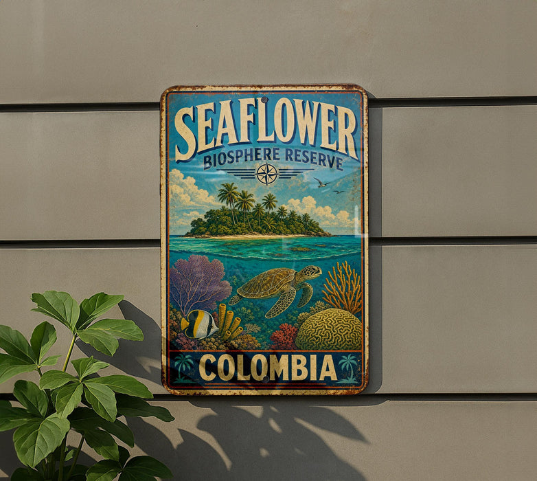A vintage metal sign for the Seaflower Bioscape Reserve in Colombia, featuring a tropical island, sea turtle, and various marine life.
