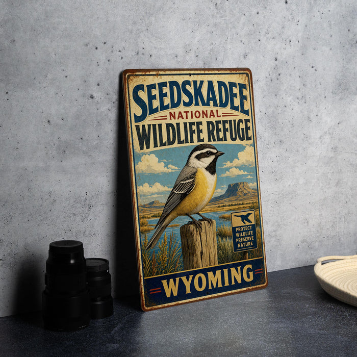 A vintage-style sign for the Seedskadee National Wildlife Refuge in Wyoming, featuring a bird illustration and text promoting wildlife protection and nature.
