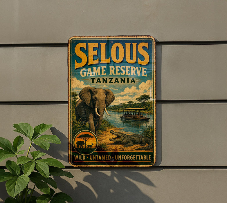 A vintage metal sign advertising the Selous Game Reserve in Tanzania, featuring an illustration of an elephant and a crocodile in a natural setting.