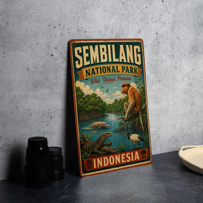 A vintage-style metal sign for the Sembilang National Park in Indonesia, featuring an illustration of a monkey and various wildlife in a lush, natural setting.