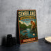 A vintage-style metal sign for the Sembilang National Park in Indonesia, featuring an illustration of a monkey and various wildlife in a lush, natural setting.