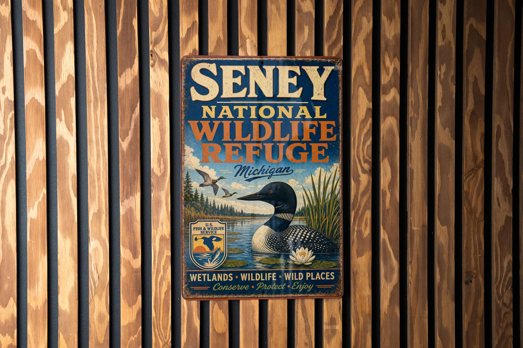 A vintage metal sign for Senney National Wildlife Refuge in Michigan, featuring an illustration of a bird and a loon.