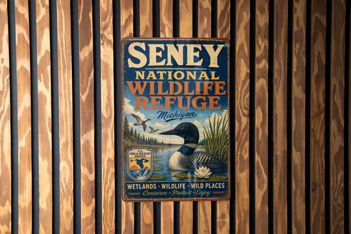 A vintage metal sign for Senney National Wildlife Refuge in Michigan, featuring an illustration of a bird and a loon.