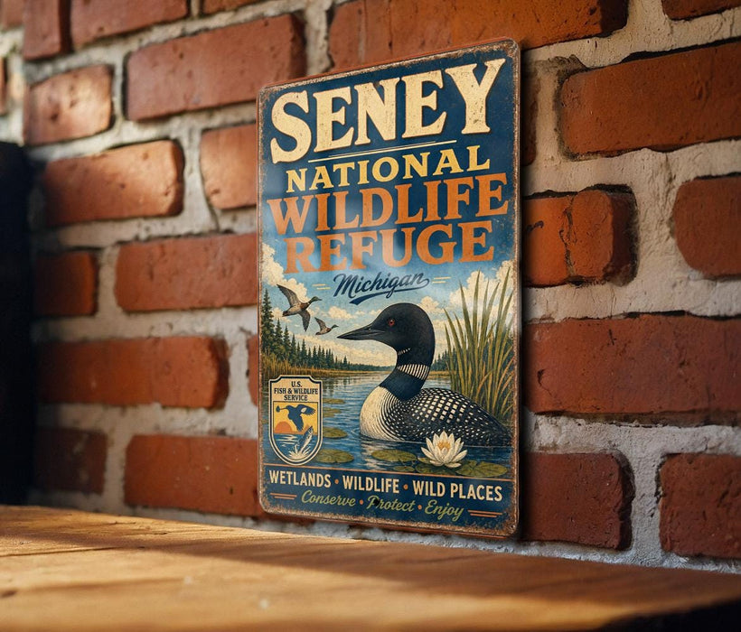A vintage-style metal sign for Senney National Wildlife Refuge in Michigan, featuring an illustration of a loon and a waterfowl.