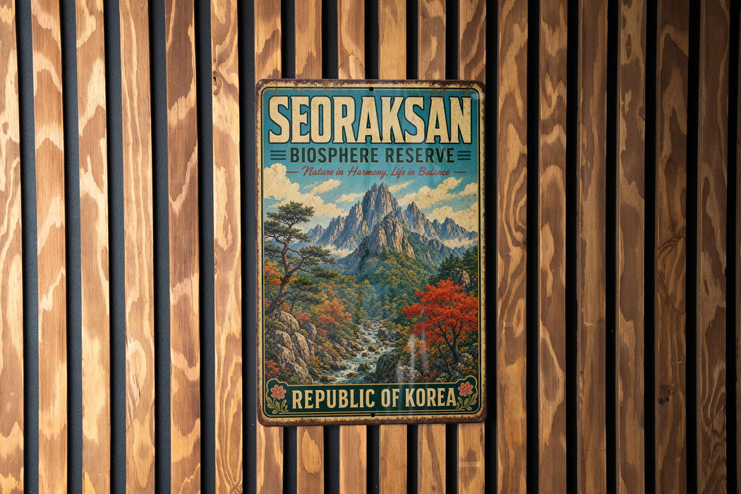 a vintage metal sign with a mountain landscape and a river, mounted on a wooden wall.