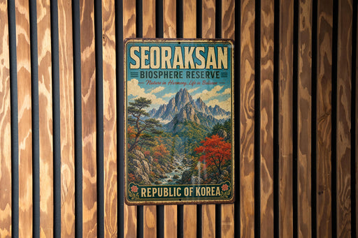 a vintage metal sign with a mountain landscape and a river, mounted on a wooden wall.