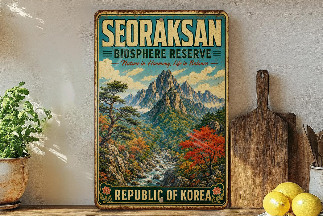 A vintage-style metal sign for the Seoraksan Biosphere Reserve, featuring a scenic mountain landscape with a river and colorful autumn foliage.