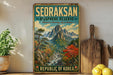 A vintage-style metal sign for the Seoraksan Biosphere Reserve, featuring a scenic mountain landscape with a river and colorful autumn foliage.