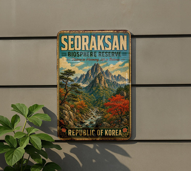 a vintage-style sign for the Seoraksan Biosphere Reserve, which is a nature reserve in harmony with nature.