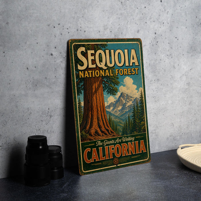 A vintage metal sign for Sequoia National Forest, featuring a large tree and mountains in the background, is displayed on a gray countertop.