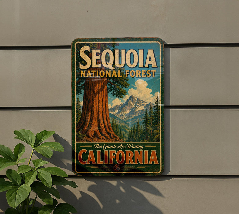A vintage metal sign for Sequoia National Forest in California, featuring a large tree and mountains in the background.