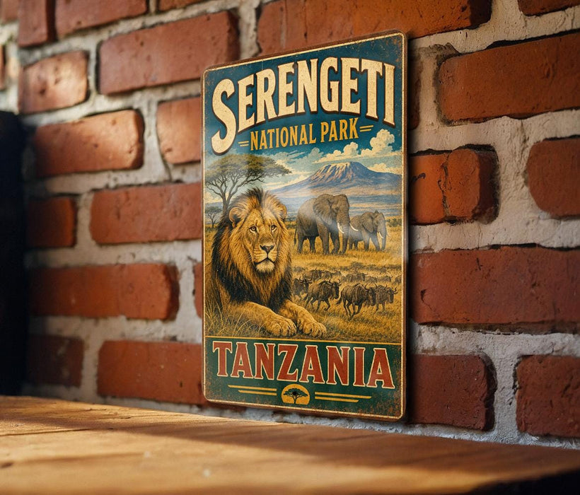 A vintage-style metal sign for Serengeti National Park in Tanzania, featuring an illustration of a lion and elephants in a grassy field.