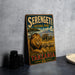 A vintage-style metal sign for Serengeti National Park in Tanzania, featuring an illustration of a lion and elephants in a savanna landscape.