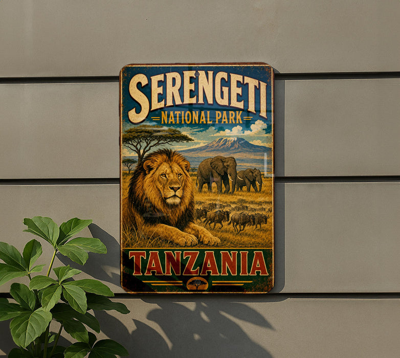 A vintage-style metal sign for Serengeti National Park in Tanzania, featuring an illustration of a lion and elephants in a savanna landscape.