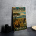 A vintage-style sign for the Serengeti-Ngorongoro Biosphere Reserve in Tanzania, featuring an illustration of wildlife in a grassy savanna landscape with a mountain in the background.