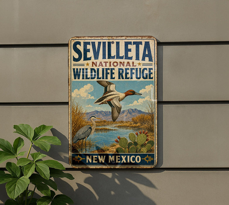 a vintage-style metal sign for the Seville National Wildlife Refuge in New Mexico, with a bird illustration and a scenic landscape.