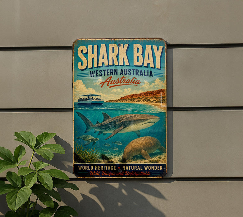 A vintage-style sign for Shark Bay, Western Australia, featuring a shark, a boat, and other marine life, mounted on a wall.