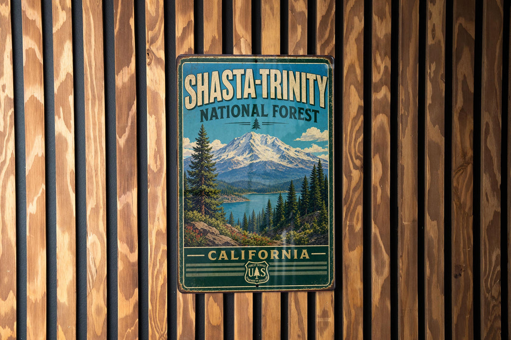 A vintage metal sign for Shasta-Trinity National Forest in California, featuring a mountain landscape with pine trees and a lake.