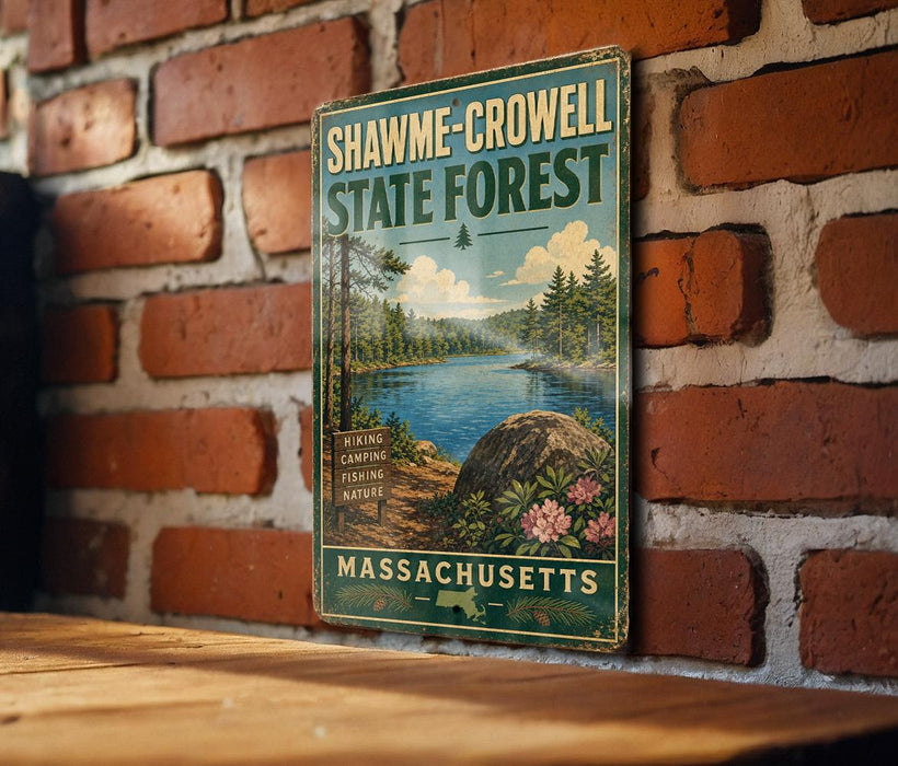 A vintage-style metal sign for Shawme-Crowell State Forest in Massachusetts, featuring a scenic landscape with a lake, pine trees, and a rocky outcrop.