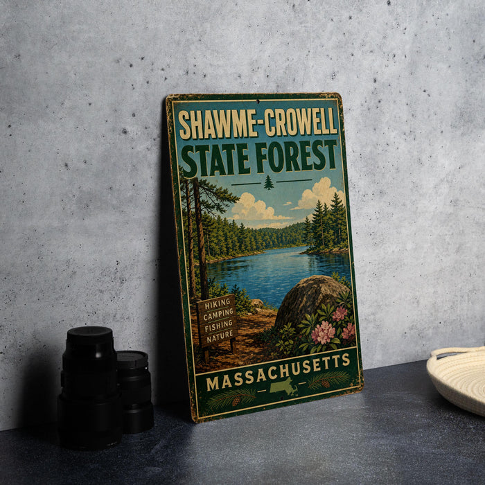 A vintage metal sign for Shawme-Crowell State Forest in Massachusetts, featuring a scenic image of the forest and a lake.