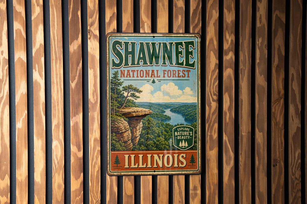 A vintage metal sign for Shawnee National Forest in Illinois, featuring a scenic landscape with a river and mountains.
