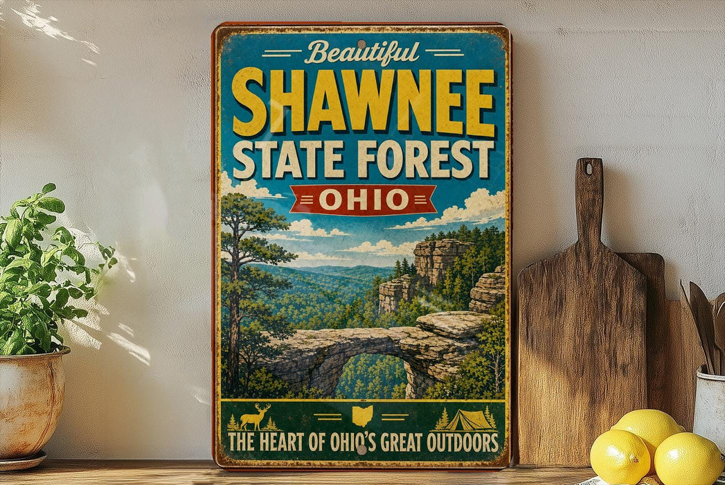 A vintage-style sign for Shawnee State Forest in Ohio, featuring a scenic landscape with a bridge and mountains in the background.