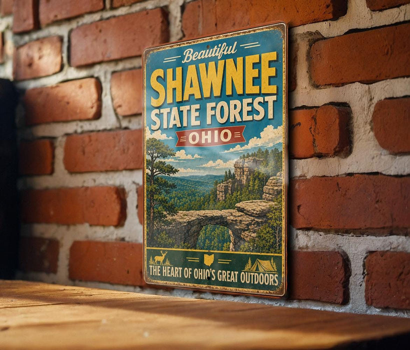A vintage-style metal sign with the text "Beautiful Shawnee State Forest, Ohio" and a scenic illustration of a forest landscape.