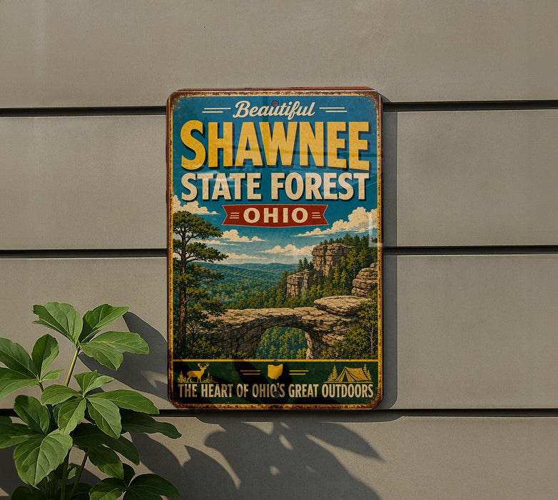 A vintage-style metal sign advertising Shawnee State Forest in Ohio, featuring a scenic landscape with a bridge and trees.