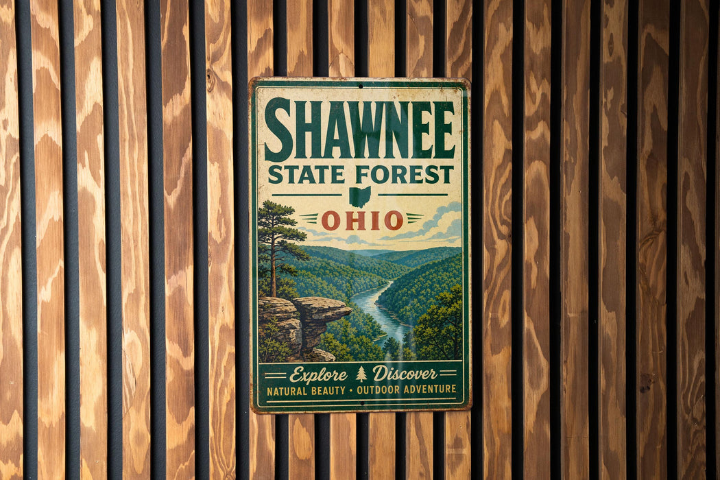 A vintage metal sign for Shawnee State Forest, Ohio, featuring a scenic landscape with a river and mountains.