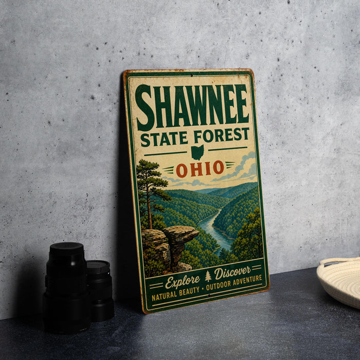 A vintage-style metal sign for Shawnee State Forest, Ohio, featuring a scenic landscape with a river and mountains.