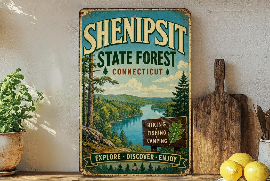 a vintage-style sign for the Shennipit State Forest in Connecticut, with a scenic illustration of a river surrounded by pine trees and mountains. The sign encourages visitors to explore, discover, and enjoy the forest.