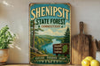 a vintage-style sign for the Shennipit State Forest in Connecticut, with a scenic illustration of a river surrounded by pine trees and mountains. The sign encourages visitors to explore, discover, and enjoy the forest.