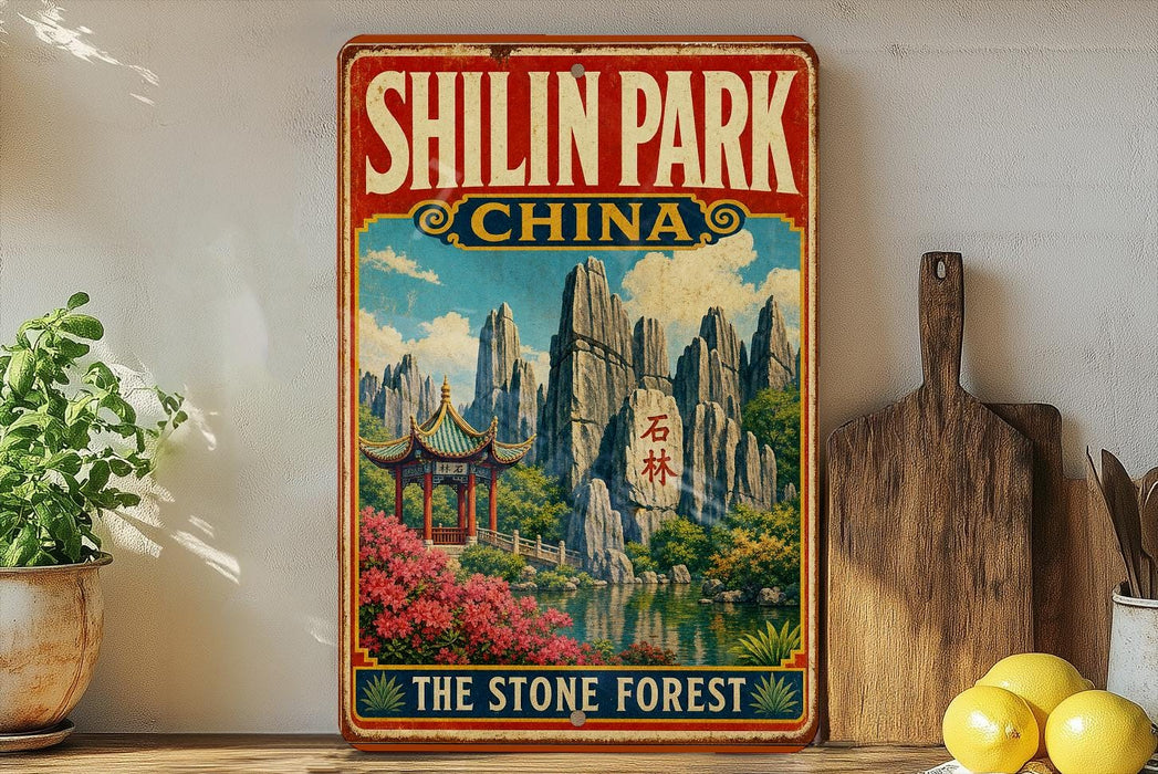 A vintage-style sign for Shilin Park, China, featuring a scenic landscape with mountains, a pagoda, and a stone forest.