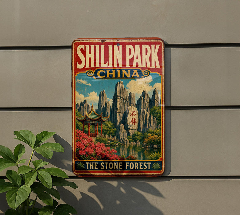 A vintage-style metal sign for Shilin Park, China, featuring a scenic landscape with mountains, pagodas, and a stone forest.
